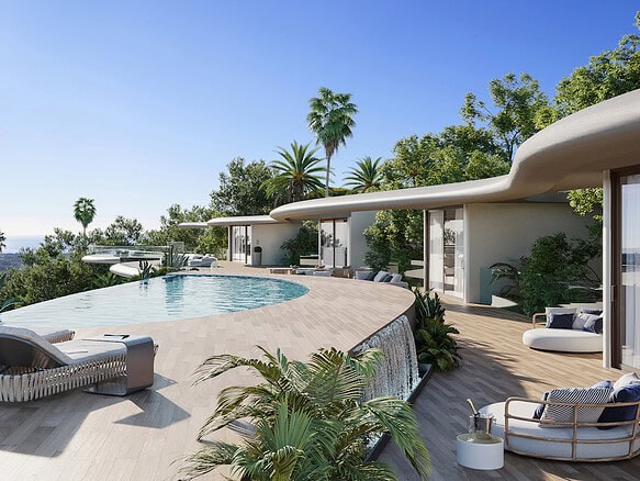 Nowe luksusowe domy z basenem na sprzedaż w słonecznej lokalizacji, zapewniają komfort i relaks w otoczeniu palm i zieleni, idealne miejsce na odpoczynek.