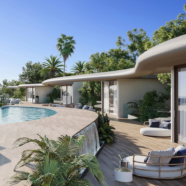 Nowe luksusowe domy z basenem na sprzedaż w słonecznej lokalizacji, zapewniają komfort i relaks w otoczeniu palm i zieleni, idealne miejsce na odpoczynek.