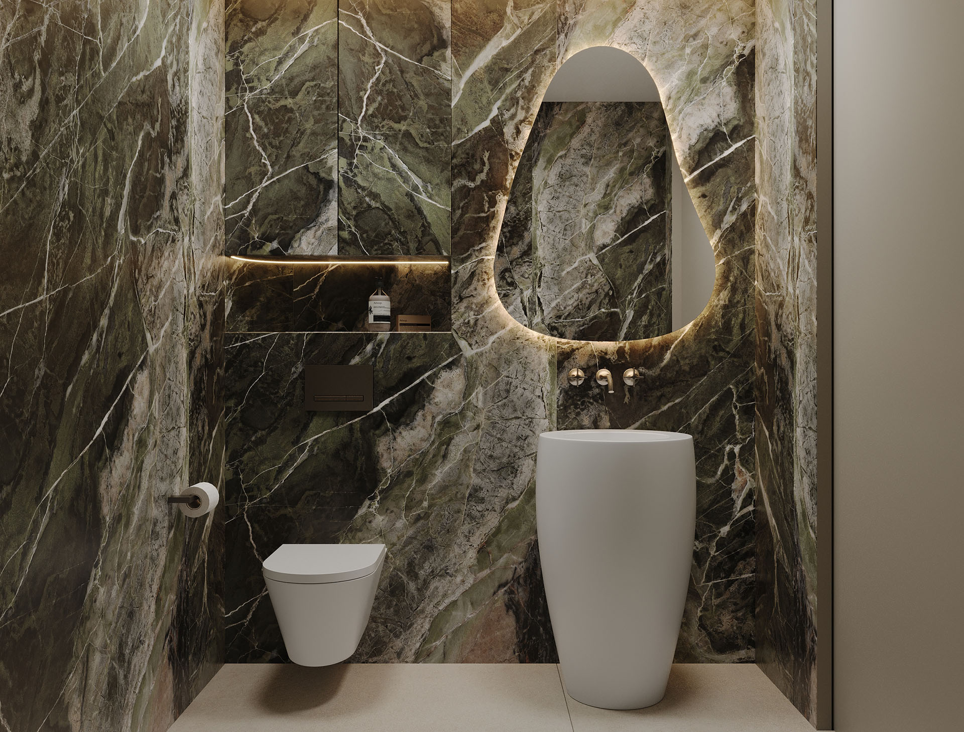 Nowoczesna łazienka z ciemnym marmurem na ścianach i minimalistycznym wyposażeniem, w tym biały bidet i umywalka, elegancka i stylowa odsłona aranżacji wnętrz.