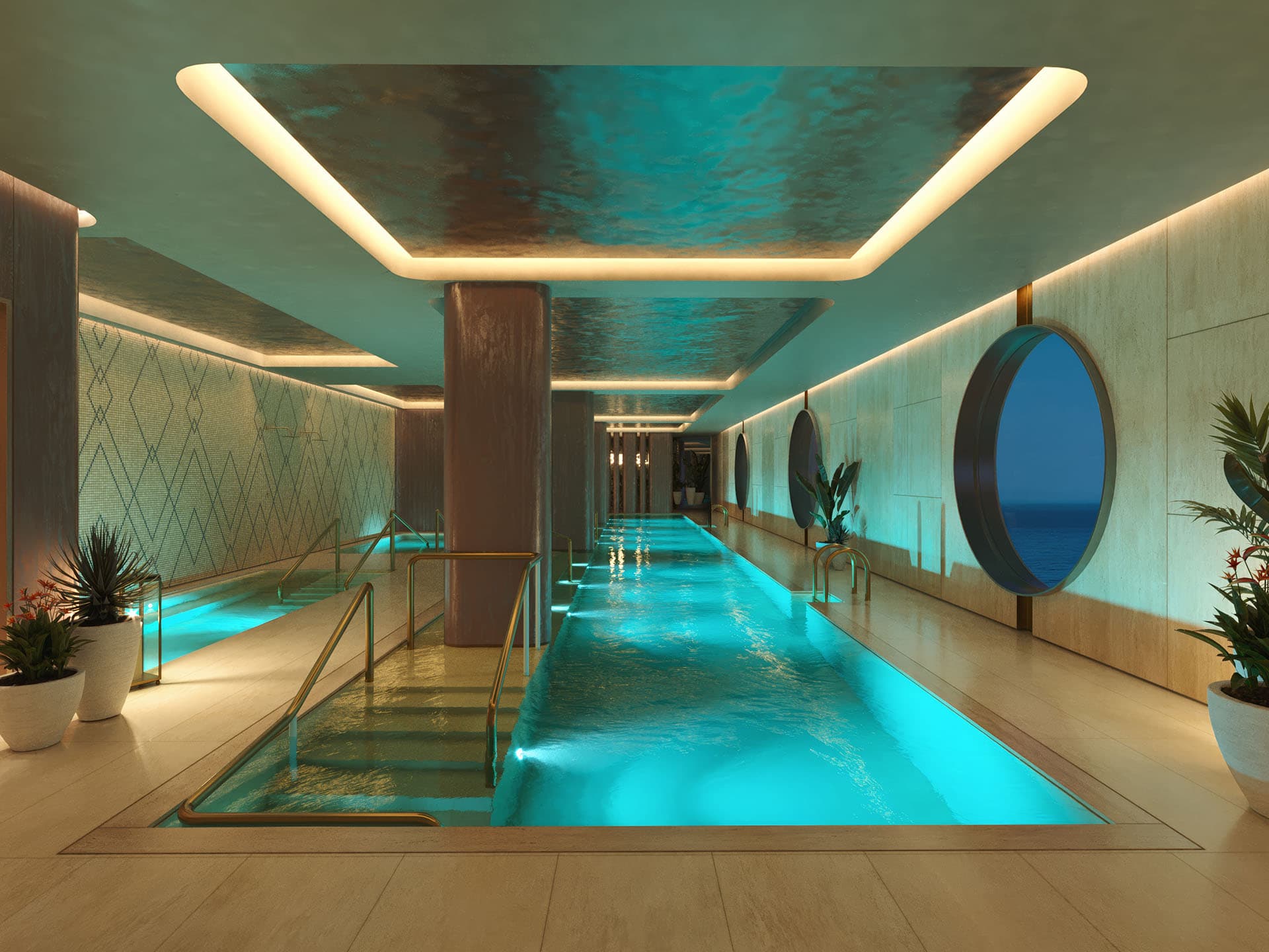Relaksujący basen we wnętrzu luksusowego hotelu nad morzem, z panoramicznymi oknami i nowoczesnym oświetleniem. Idealne miejsce na odpoczynek i regenerację.