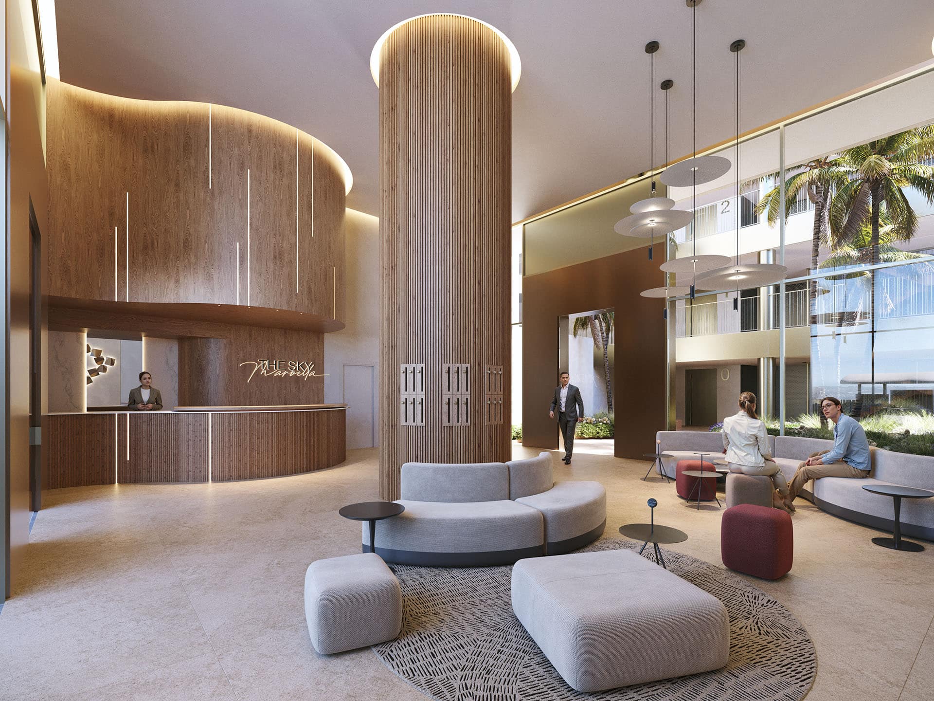 Nowoczesne wnętrze recepcji w luksusowym budynku apartamentowym, z dużymi oknami i palmami na zewnątrz, wyposażone w komfortowe meble i elegancki design.