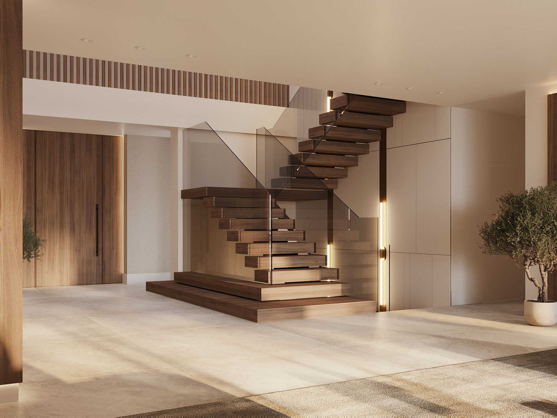 Nowoczesne wnętrze luksusowego apartamentu z drewnianymi schodami i minimalistycznym designem. Elegancka przestrzeń z naturalnym oświetleniem, idealna dla osób ceniących komfort i styl.