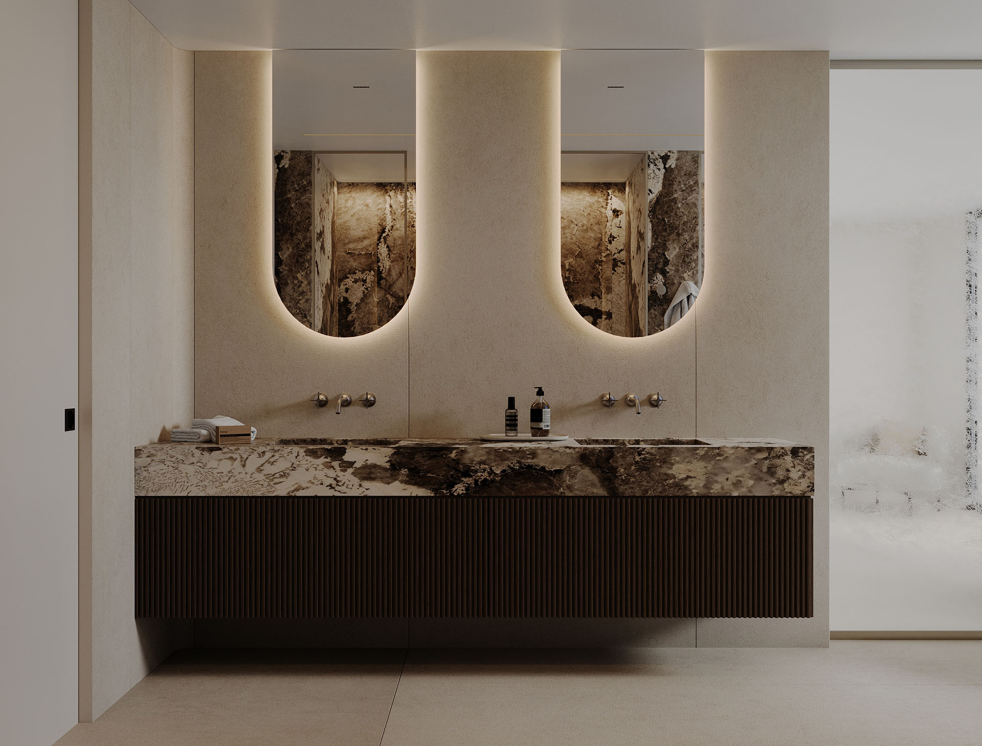 Nowoczesna luksusowa łazienka z podwójnym umywalkiem, minimalistycznym stylem i eleganckim marmurowym blatem, oświetleniem LED oraz stylowymi lustrami, idealna do wysokiej klasy nieruchomości.