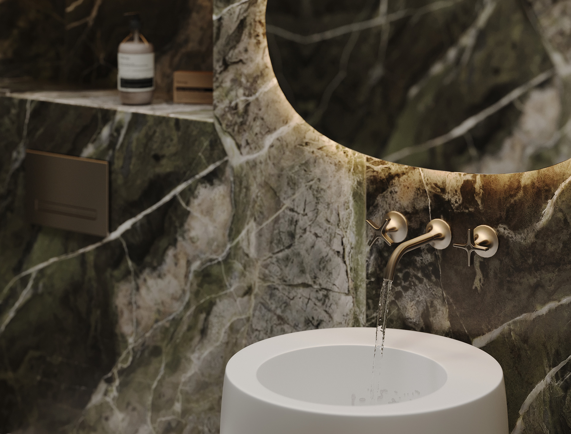 Nowoczesna łazienka z oryginalnym umywalką na tle kamiennej ściany, minimalistycznym lustrem i złotymi elementami, idealna do eleganckich wnętrz.