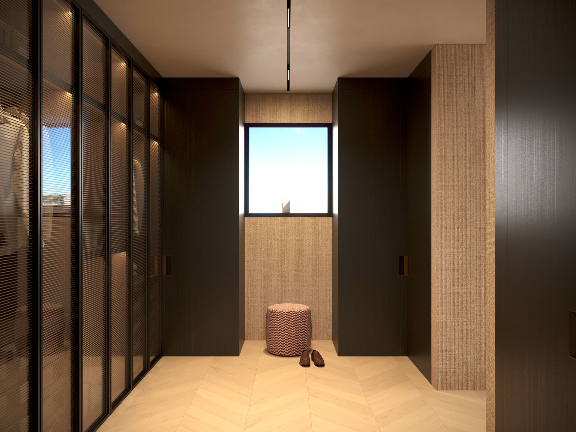 Przestronna i nowoczesna garderoba z szafą wnękową z lustrem, design skandynawski, idealna do przechowywania odzieży i obuwia, jasno oświetlona naturalnym światłem z dużego okna.