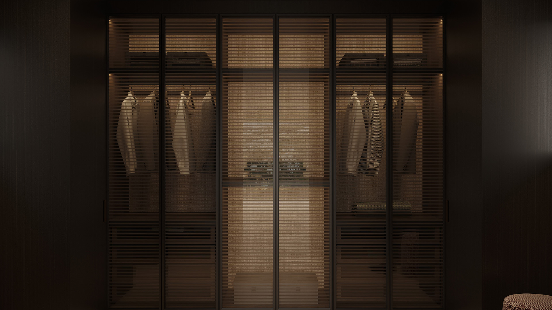 Szafa wnękowa z przesuwanymi drzwiami w nowoczesnym wnętrzu, miejsce do przechowywania odzieży i akcesoriów, elegancki i funkcjonalny element wyposażenia domu, luksusowe rozwiązanie do sypialni.