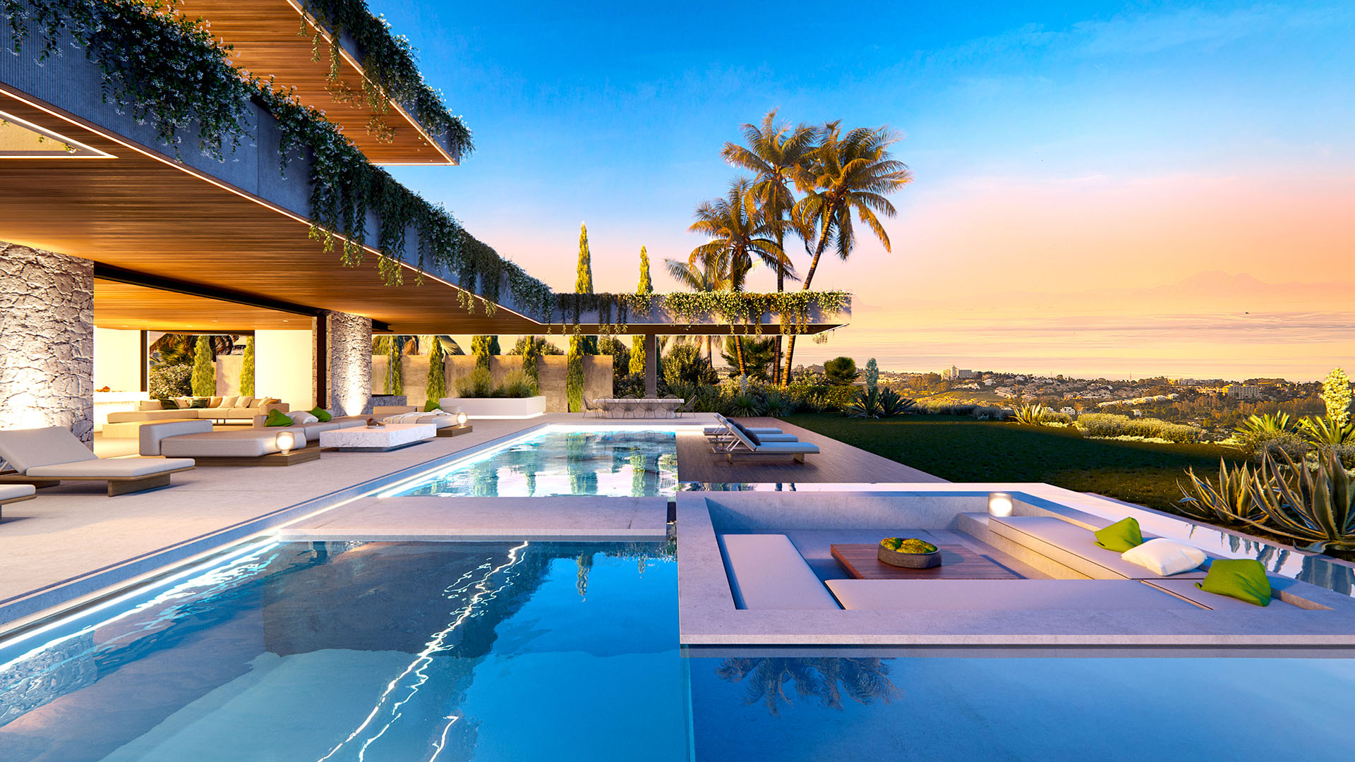 Luksusowy dom z basenem na tarasie z widokiem na zachód słońca i panoramę miasta, otoczony palmami i zielenią, idealny do relaksu i wypoczynku w wyjątkowym otoczeniu.