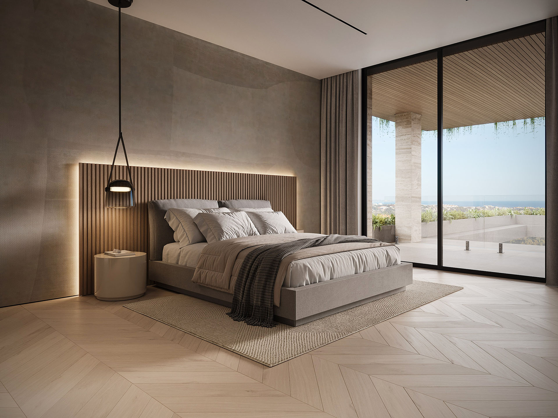 Nowoczesny elegancki pokój sypialny z dużym łóżkiem, minimalistycznym wystrojem i panoramicznym widokiem na miasto z dużego tarasu. Idealne miejsce do relaksu i odpoczynku.