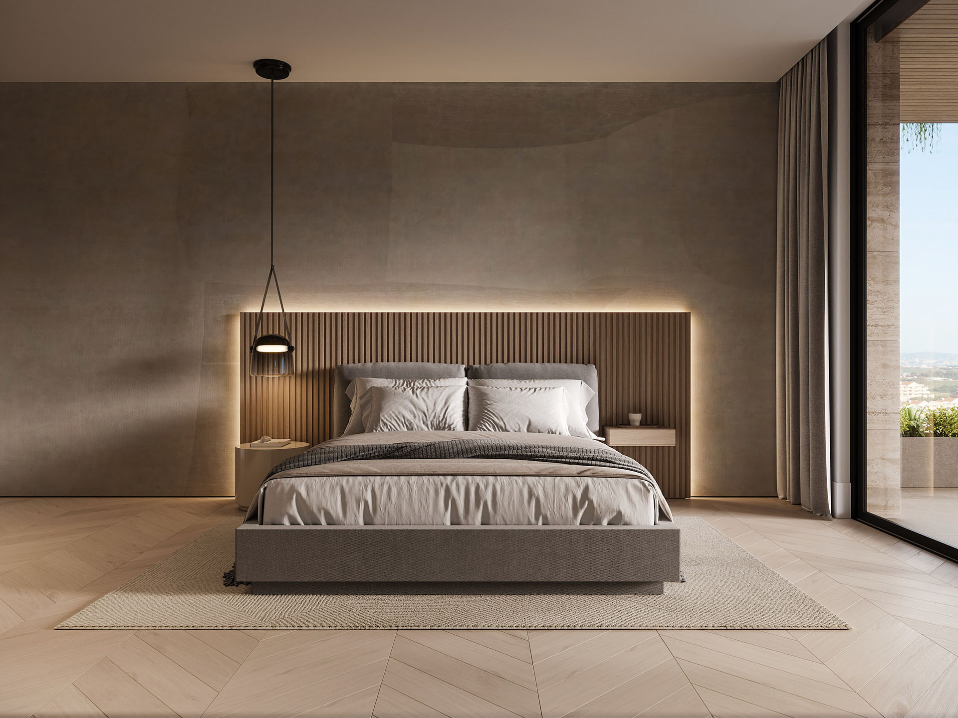 Nowoczesna sypialnia w luksusowym apartamencie z dużym łóżkiem, minimalistycznym designem, naturalnym oświetleniem i panoramicznym widokiem na miasto, idealna oferta nieruchomości od Le Mand Nieruchomości.