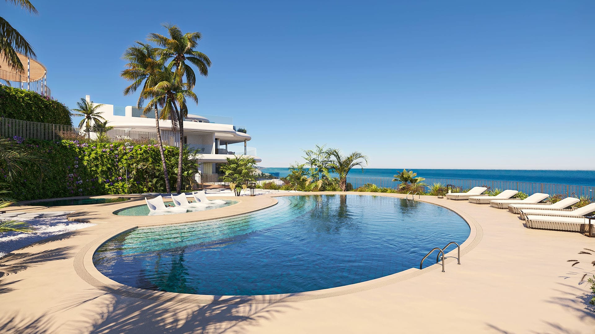 Przepiękny widok na basen z leżakami i palmami, nad brzegiem oceanu, luksusowa willa z panoramicznym tarasem, tropikalny ogród i relaksująca atmosfera w egzotycznym otoczeniu.