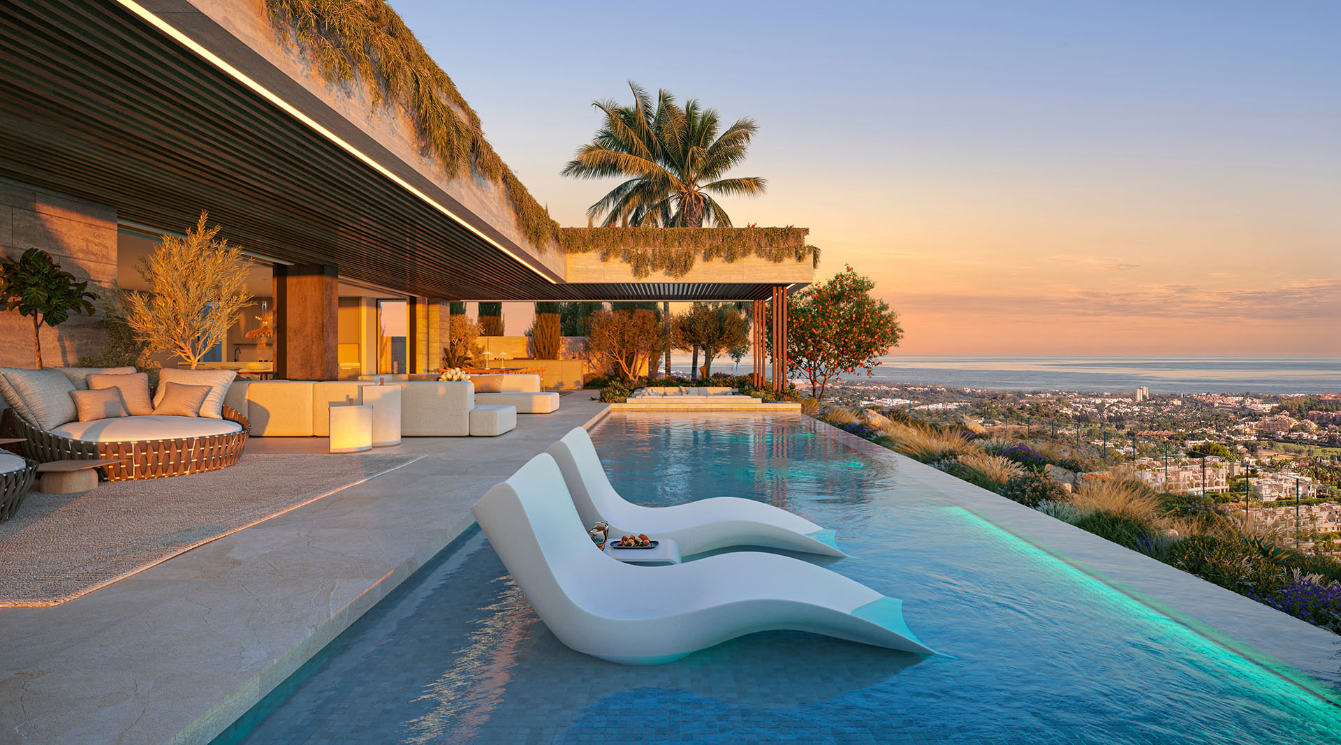 Nowe luksusowe otoczenie z basenem i panoramicznym widokiem na miasto i morze, idealne do relaksu i wypoczynku, nowoczesny apartament w słonecznym klimacie.