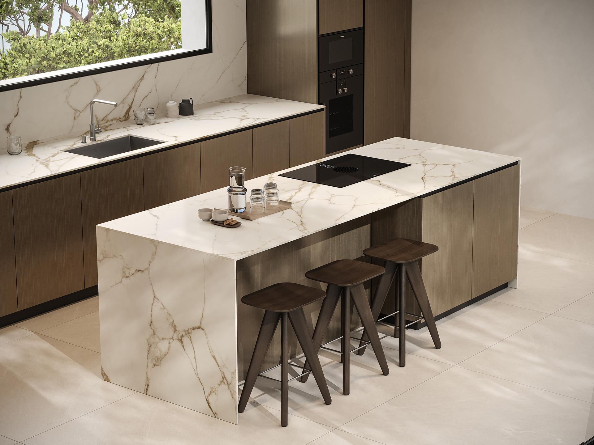 Lekkie i nowoczesne wnętrze kuchni z wyspą z białego marmuru z naturalnymi złotymi żyłkami, połączone z brązowymi szafkami i minimalistycznym designem, idealne do codziennego użytku i spotkań rodzinnych.