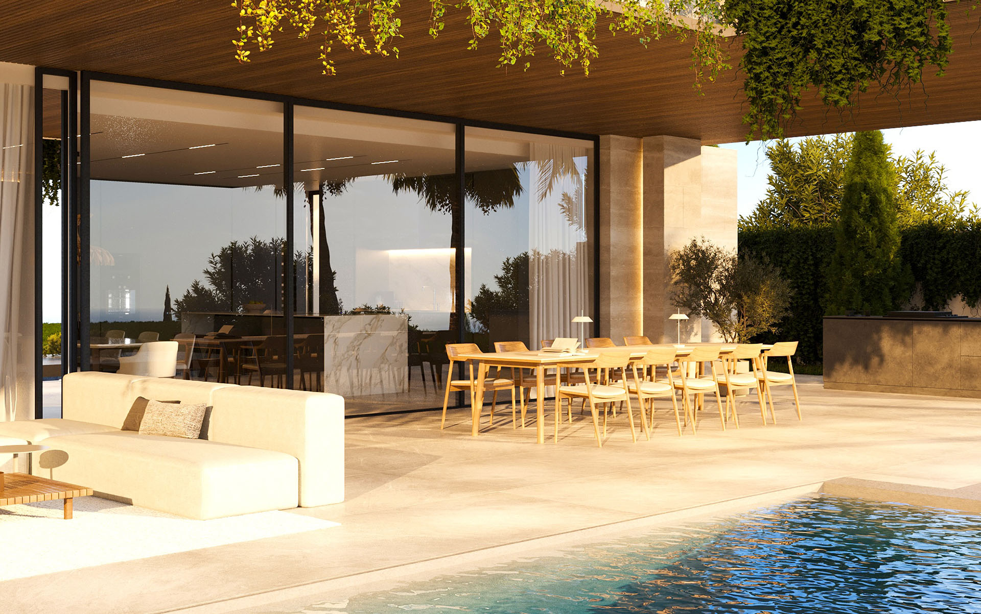 Nowoczesny taras z widokiem na basen i ogród w luksusowym apartamencie na sprzedaż. Idealne miejsce do relaksu i spotkań na świeżym powietrzu.