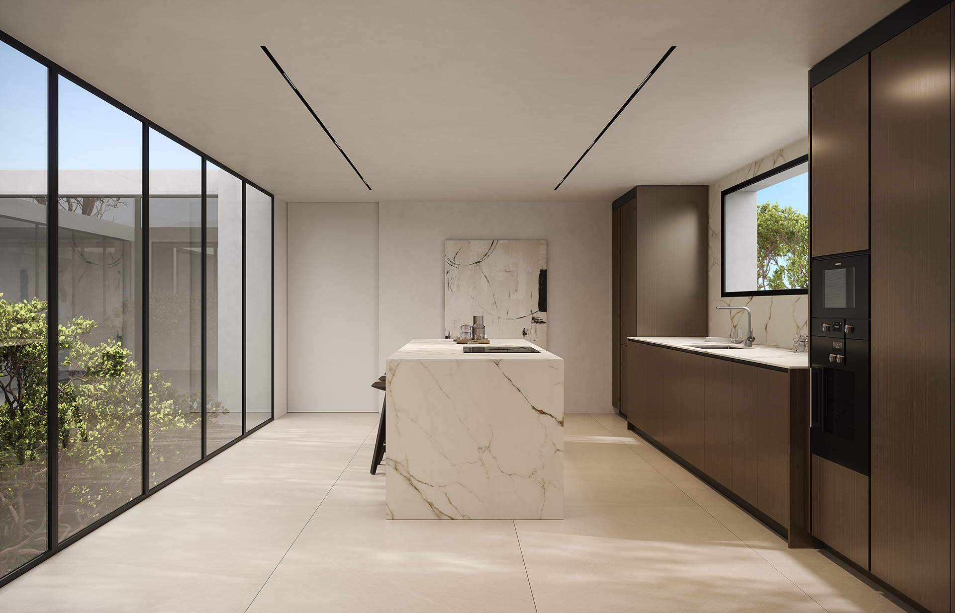 Nowe nowoczesne wnętrze kuchni z dużymi oknami i widokiem na ogród, minimalistyczny design, marmurowa wyspa, drewno i szkło, idealne do luksusowego mieszkania lub domu.