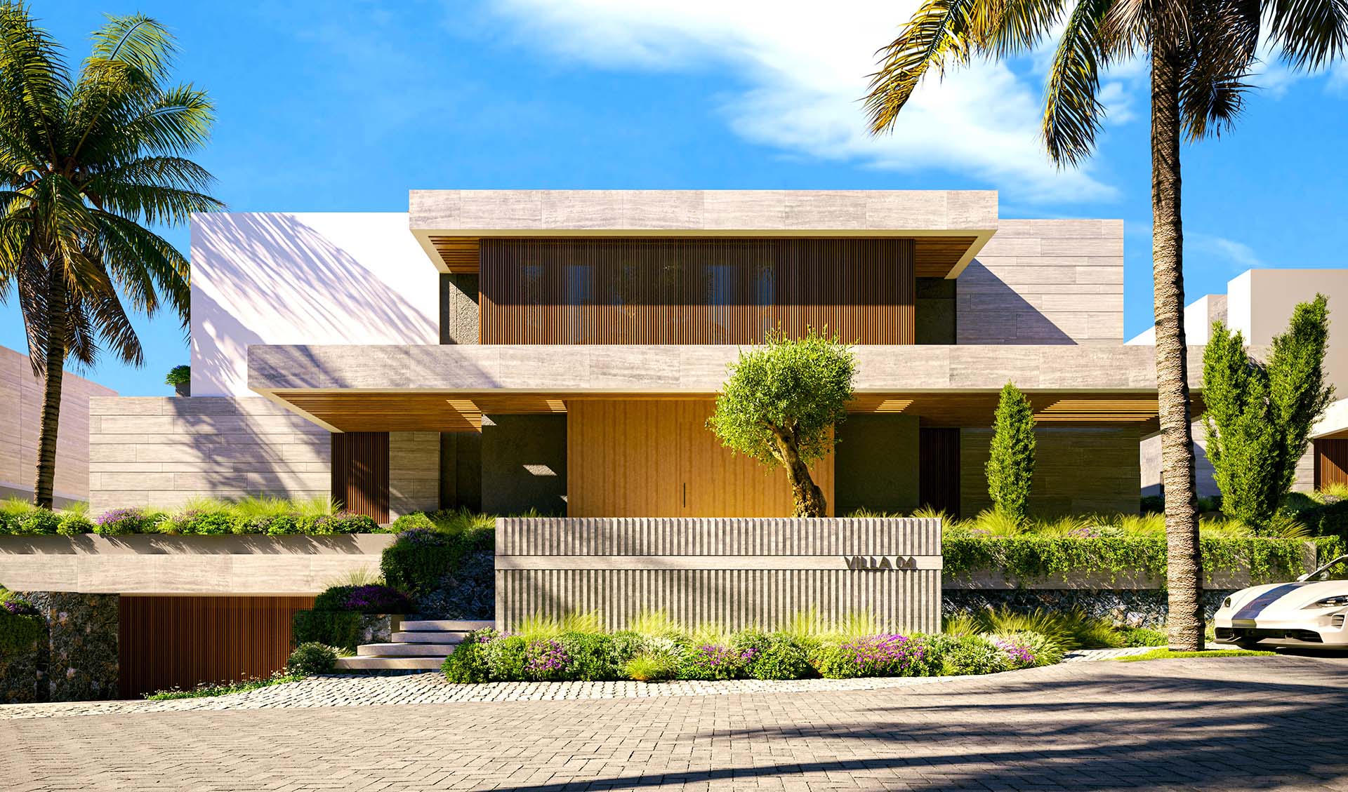 Nowoczesny dom jednorodzinny na sprzedaż, otoczony palmami i zielenią, z dużą przeszkloną elewacją, stylowym wykończeniem i atrakcyjnym ogrodem.