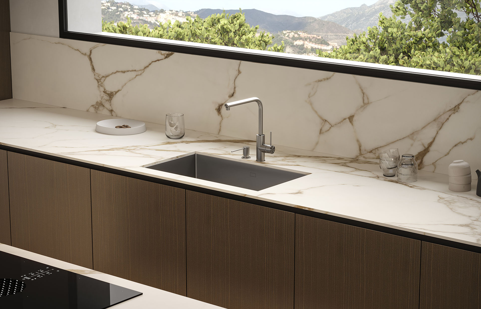 Nowoczesna kuchnia z blatami z marmuru, elegancka zlewozmywak i duże okno z widokiem na góry, w luksusowym apartamencie, aranżacja wnętrz, stylowe wykończenie, komfortowe mieszkanie na sprzedaż.