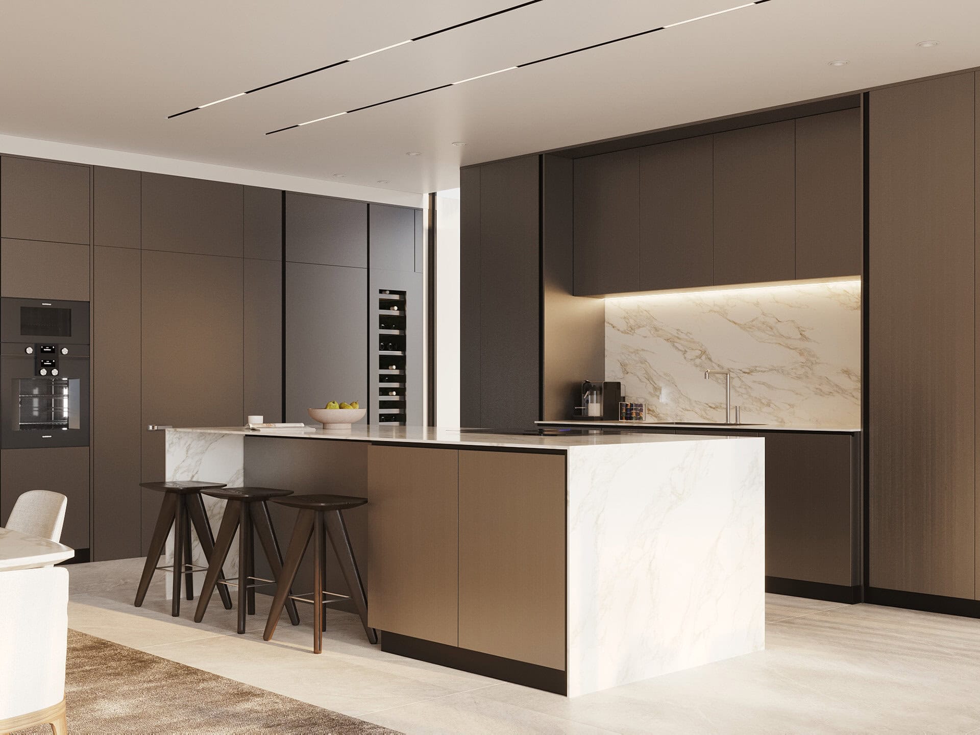 Nowoczesna kuchnia w eleganckim wnętrzu apartamentu, wykończona naturalnym marmurem i drewnianymi panelami, z dużą wyspą kuchenną i nowoczesnym sprzętem AGD, idealna dla miłośników luksusowego stylu życia.