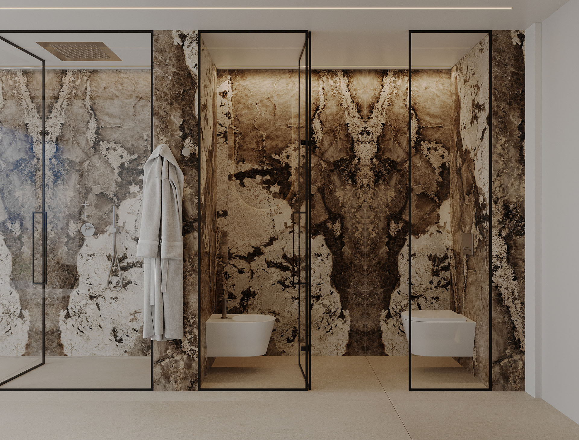 Przepiękna elegancka łazienka z nowoczesnym designem i naturalnym kamiennym wykończeniem, idealna do luksusowego mieszkania od Le Mand Nieruchomości.