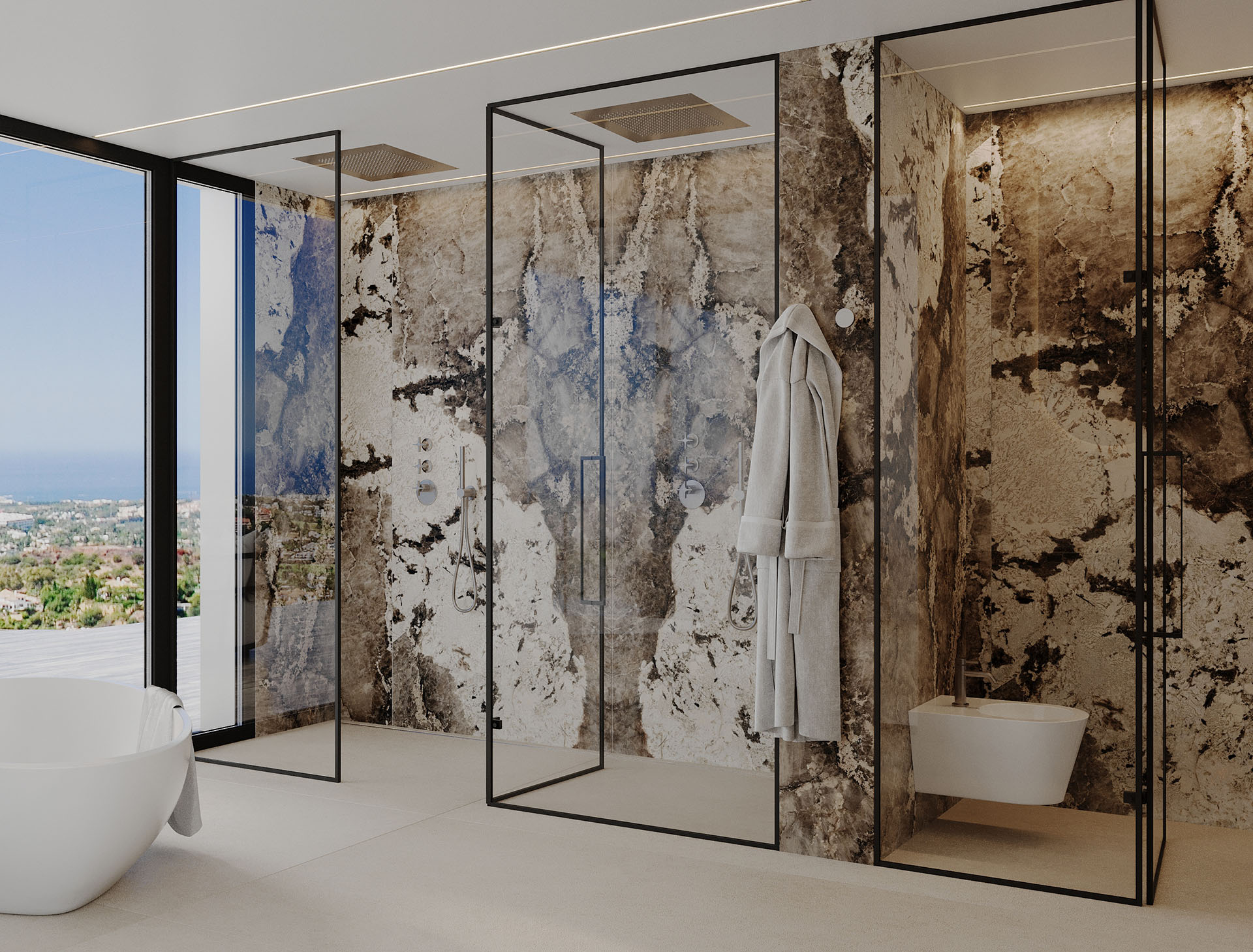 Nowoczesna łazienka z panoramicznym widokiem na miasto, szklany prysznic i eleganpii wykończenia kamieniem naturalnym. Idealne miejsce na relaks i wygodę.
