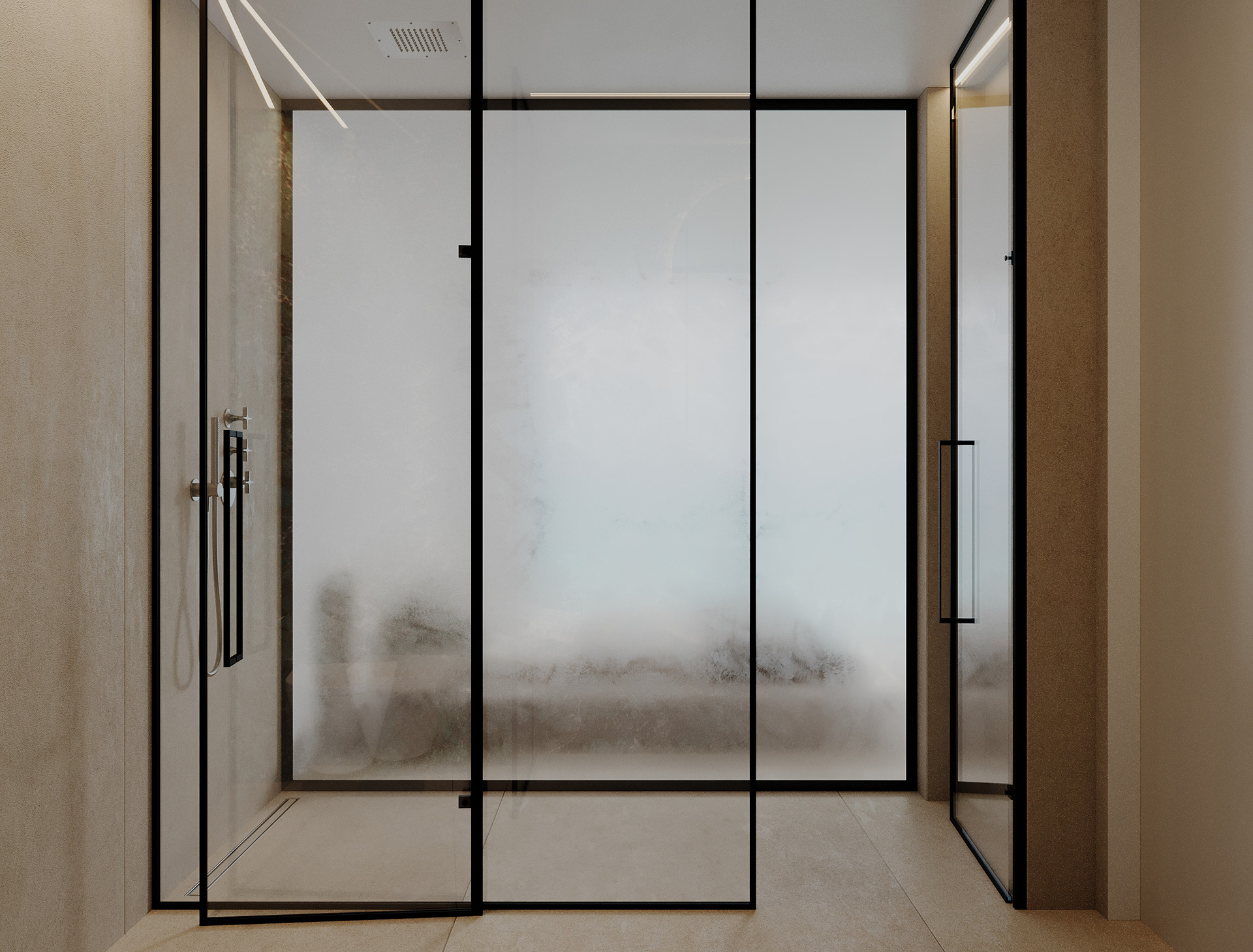 Eleganckie, nowoczesne drzwi z szkła i ramami czarnymi, idealne do luksusowego wnętrza mieszkania lub domu, zapewniają prywatność i stylowy wygląd.