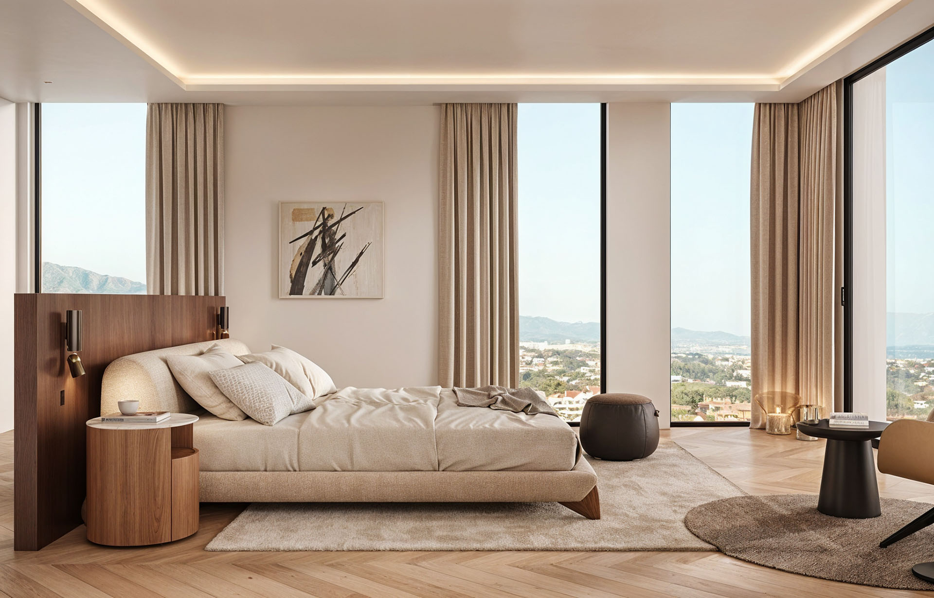 Przepiękna nowoczesna sypialnia z dużymi oknami z widokiem na panoramę miasta, pastelowe kolory, minimalistyczny design, komfortowy materac i stylowe dodatki, idealna dla miłośników luksusu.