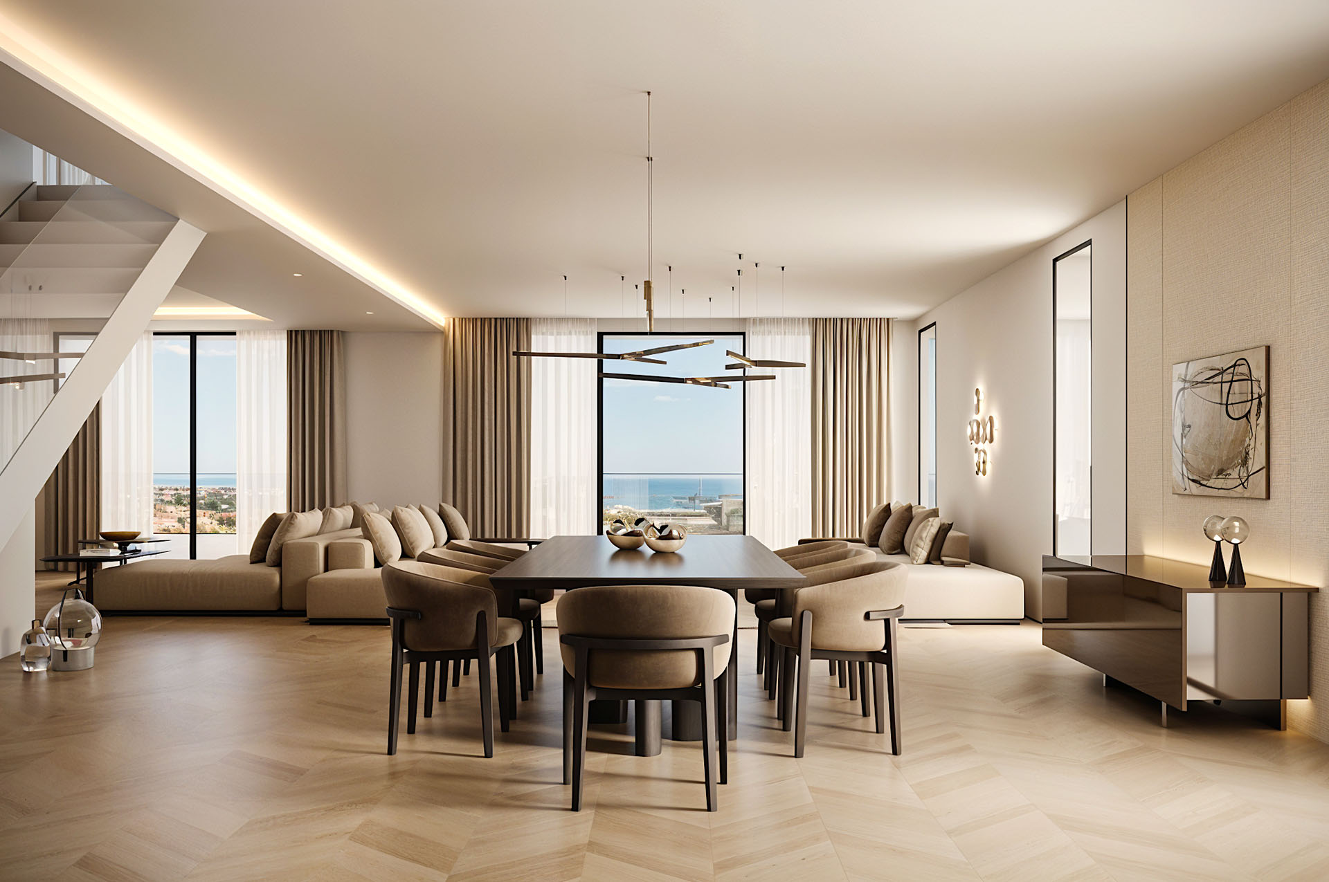 Nowe luksusowe mieszkanie z panoramicznym widokiem na morze, wysokim standardem wykończenia i nowoczesnym designem w prestiżowym budynku w nadmorskiej lokalizacji.